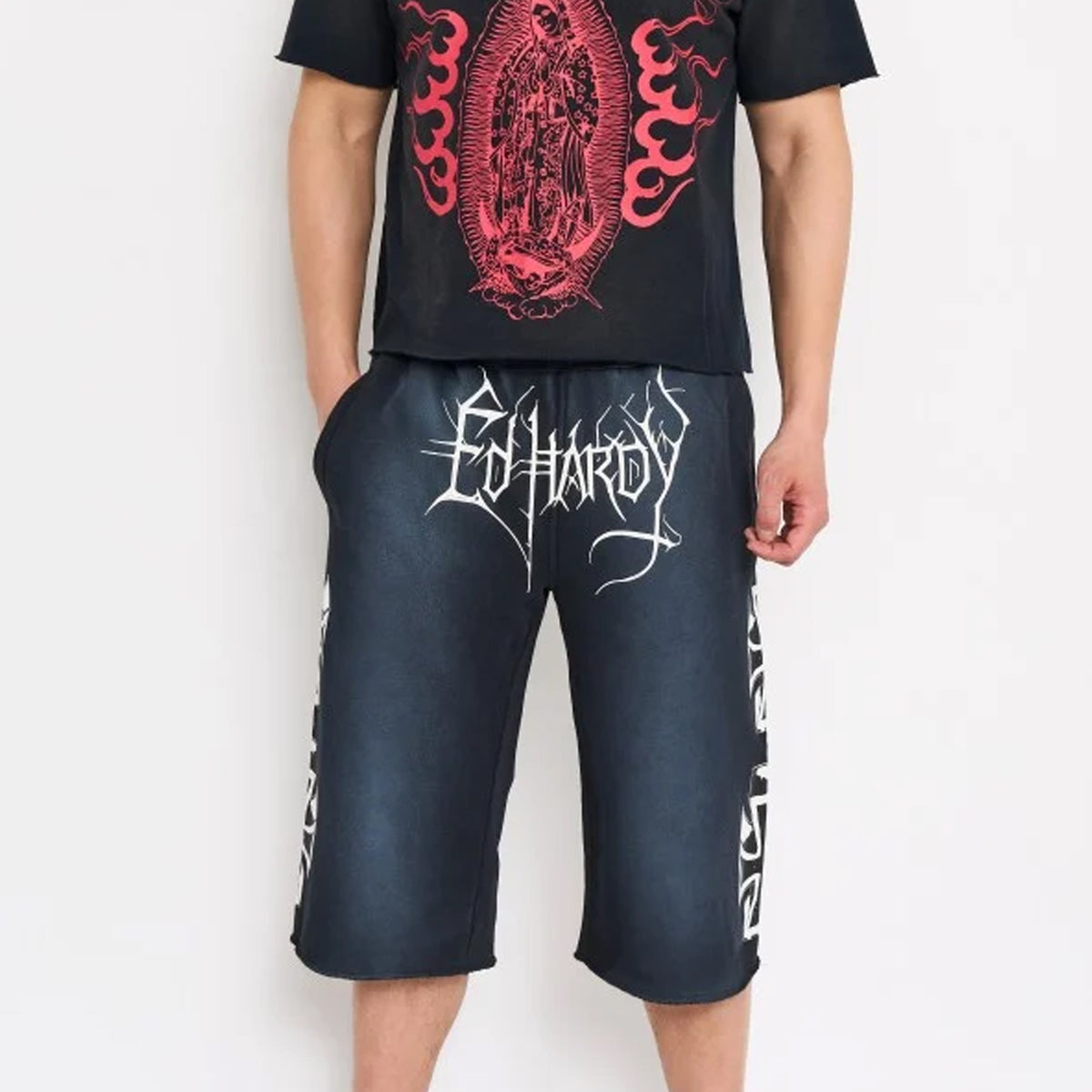 Ed Hardy Mens Crosses Long Fleece Shorts