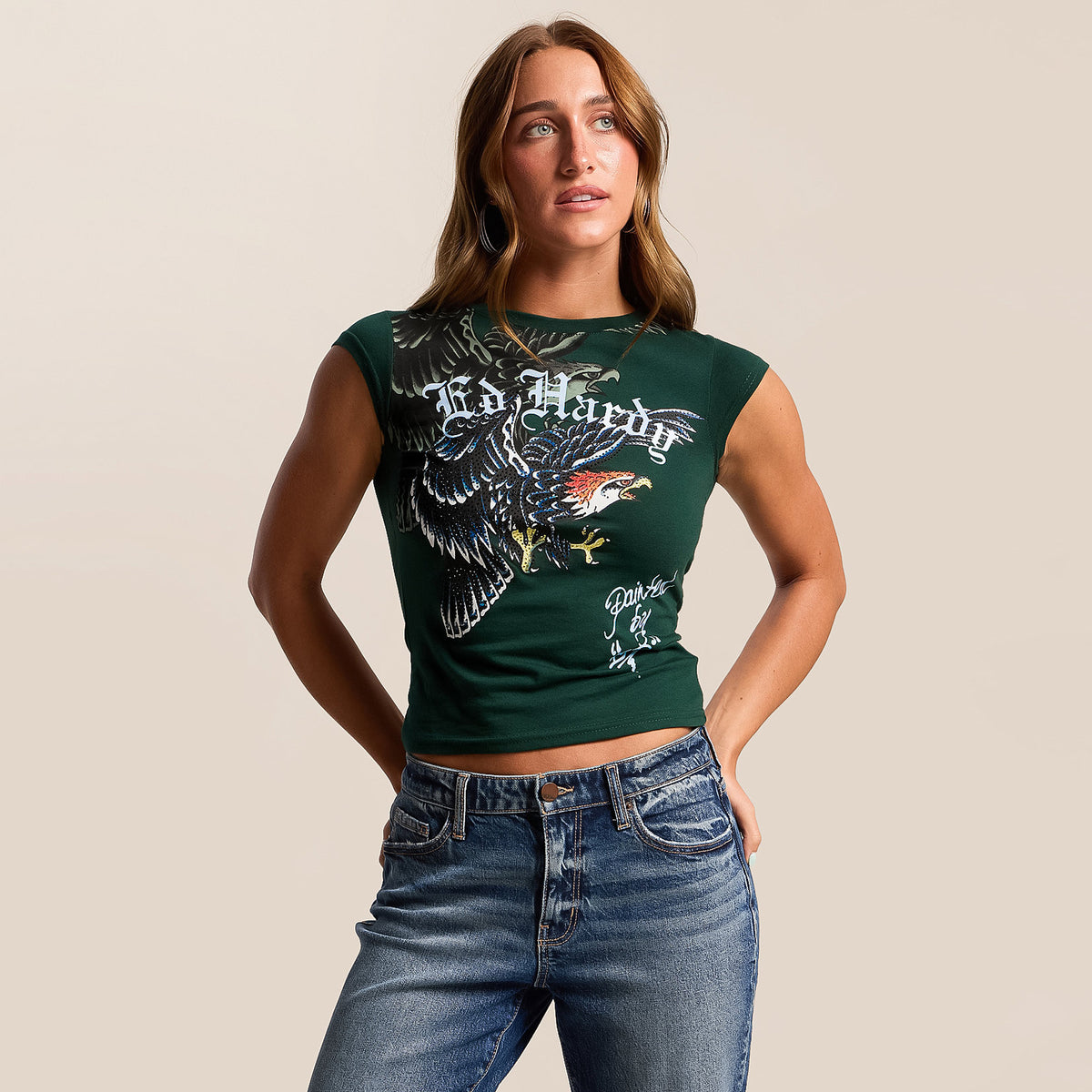 Ed Hardy Womens Eagle Rhinestone Cap Sleeve Tee