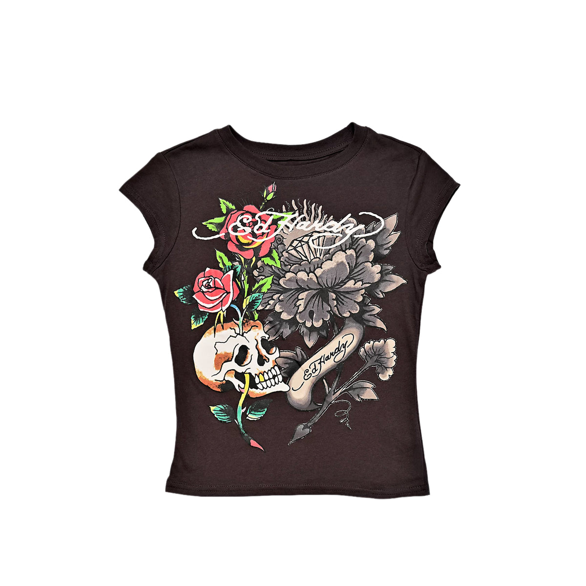 Ed Hardy Womens Skull Roses Cap Sleeve Tee