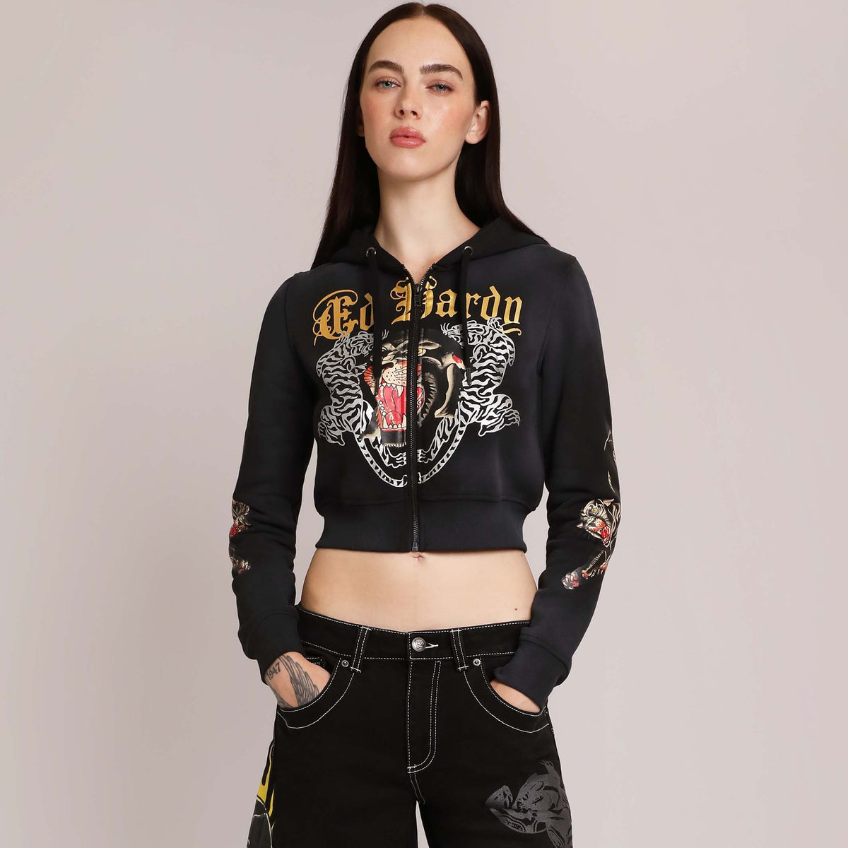 Ed Hardy Womens Panther Cropped Zip-Up Hoodie