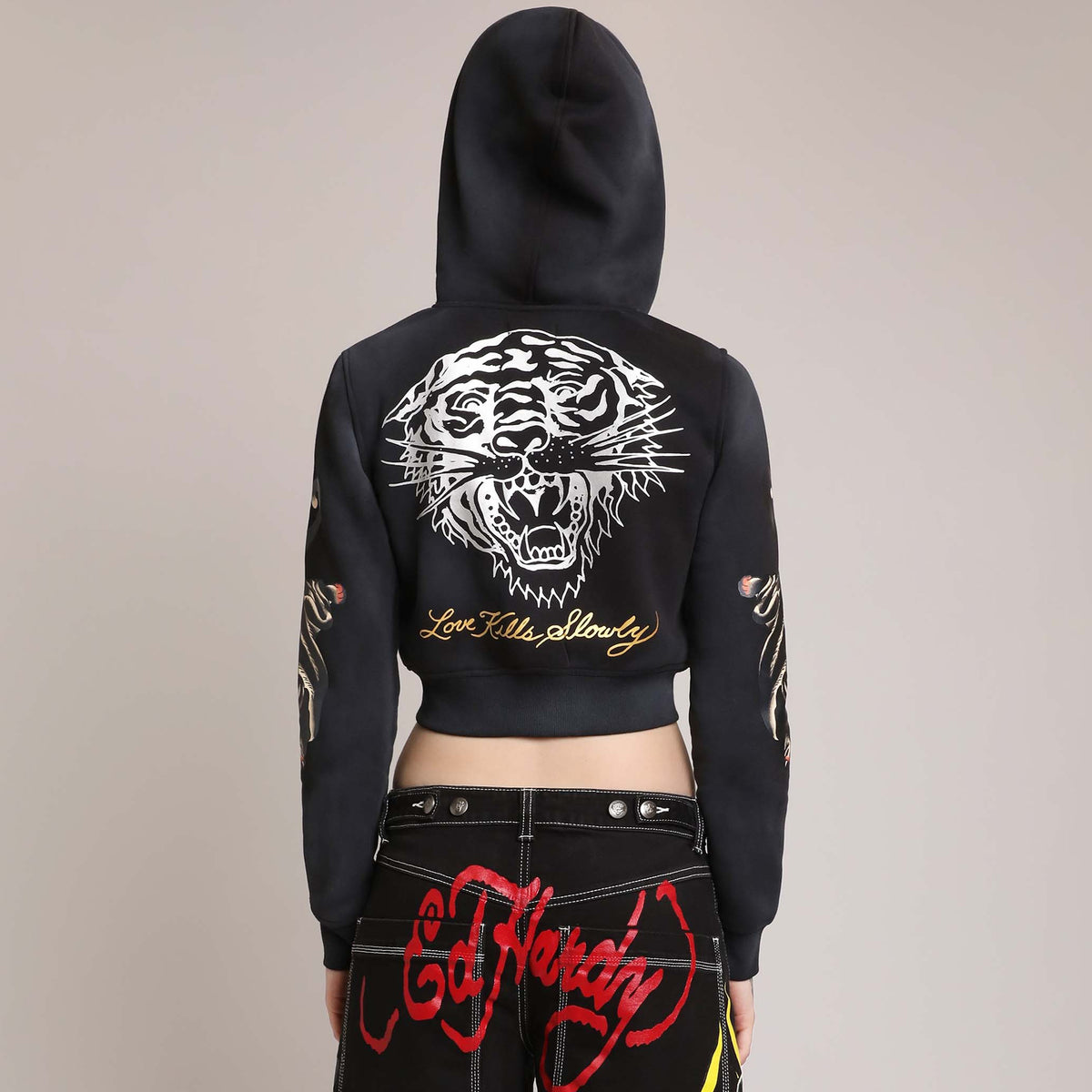 Ed Hardy Womens Panther Cropped Zip-Up Hoodie