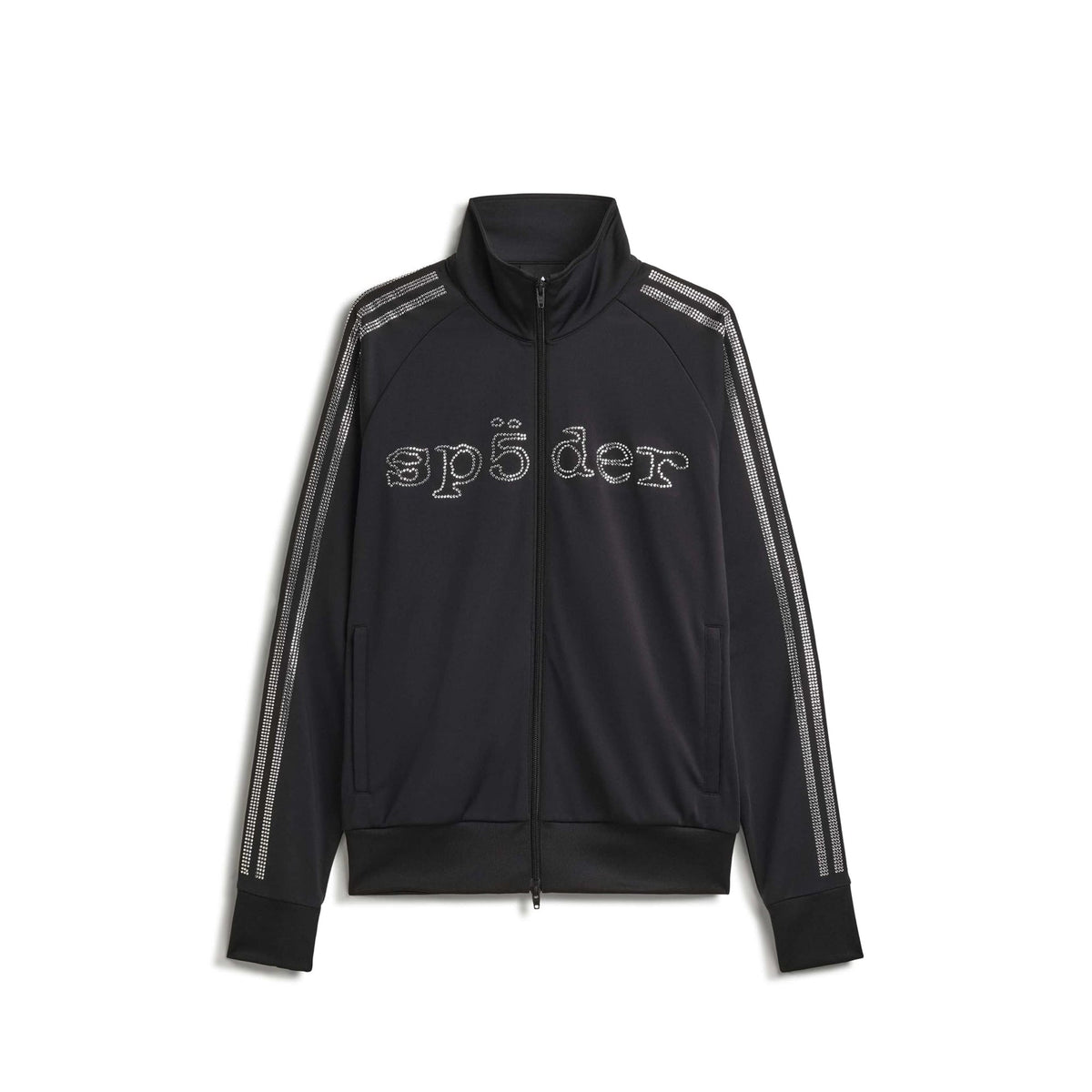 black and silver rhinestone track jacket on a white background