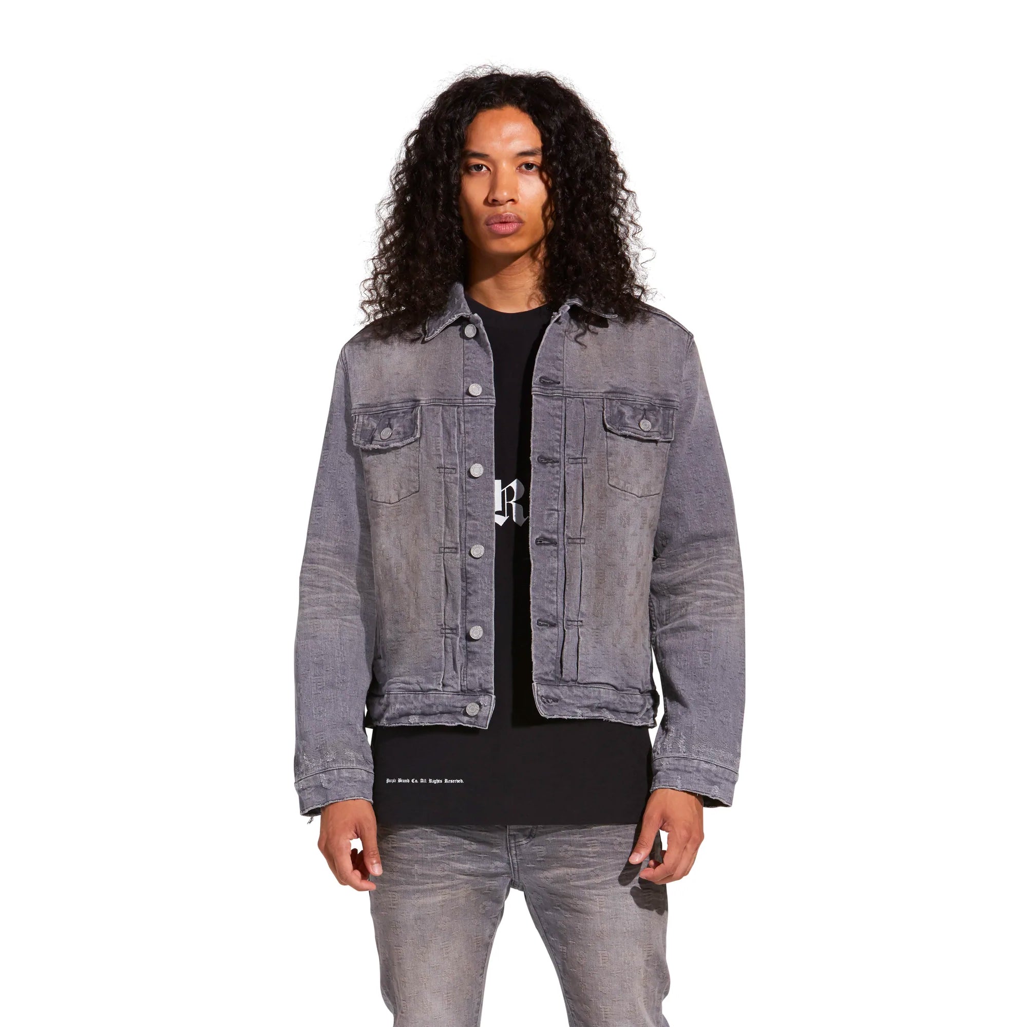 Purple Brand Mens Washed Grey Jacquard Trucker Jacket