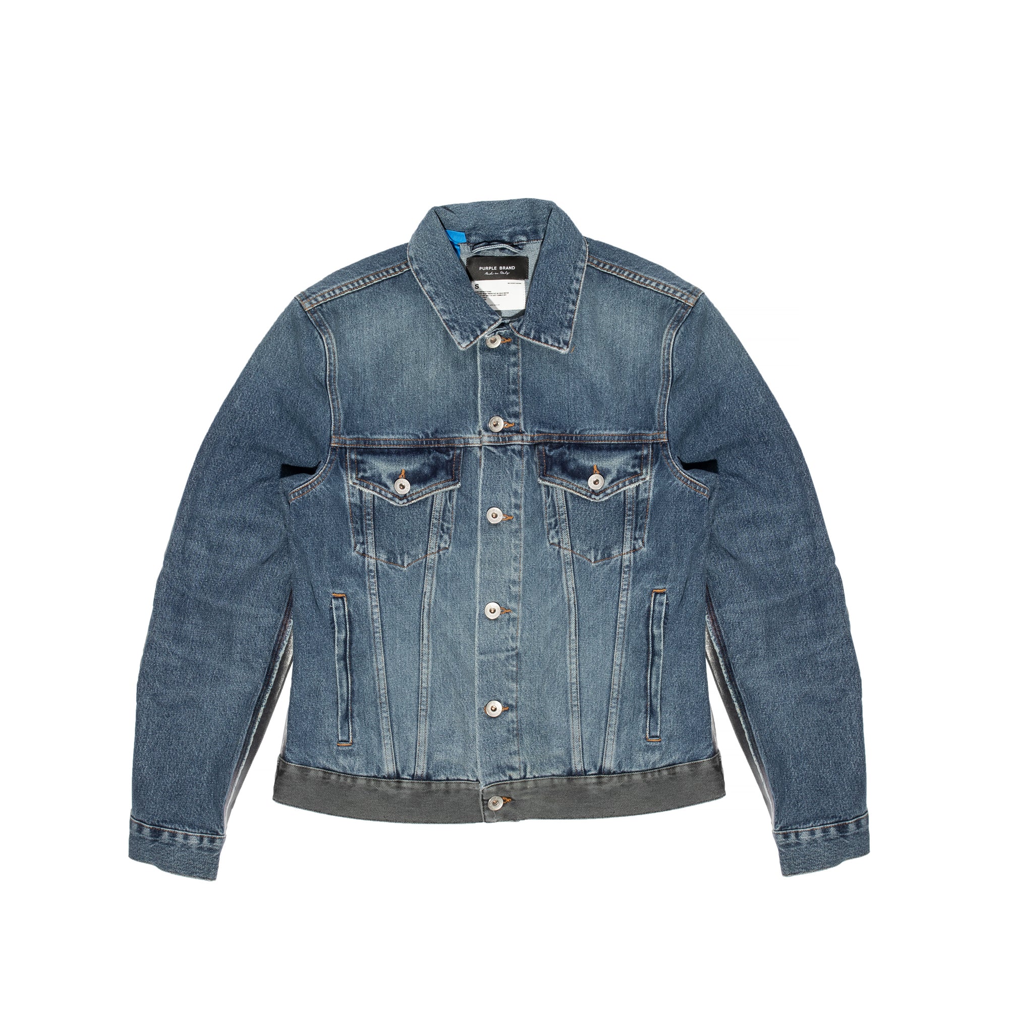 Purple Brand Mens Washed Indigo and Black Framis Fray Denim Jacket