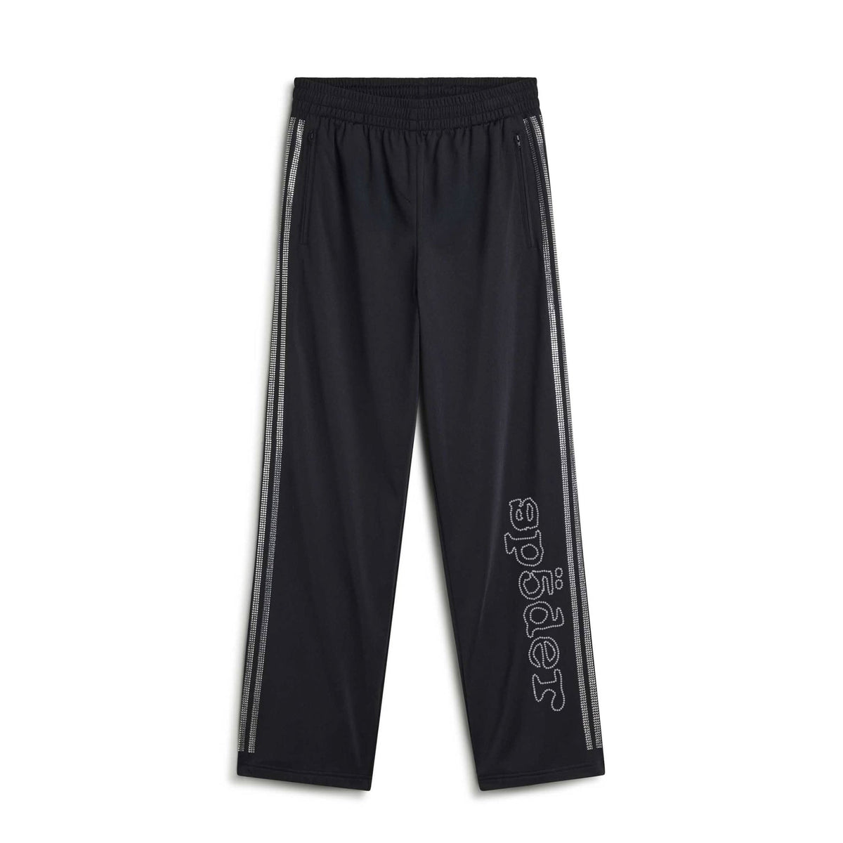 black and silver rhinestone track pants on a white background